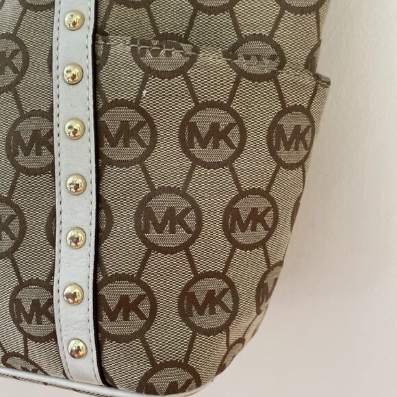 MICHAEL KORS Signature Canvas Tote Shoulder Bag Beige Leather Trim Studded - Picture 4 of 15